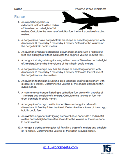 Fifth grade math worksheet featuring five volume word problems for practice