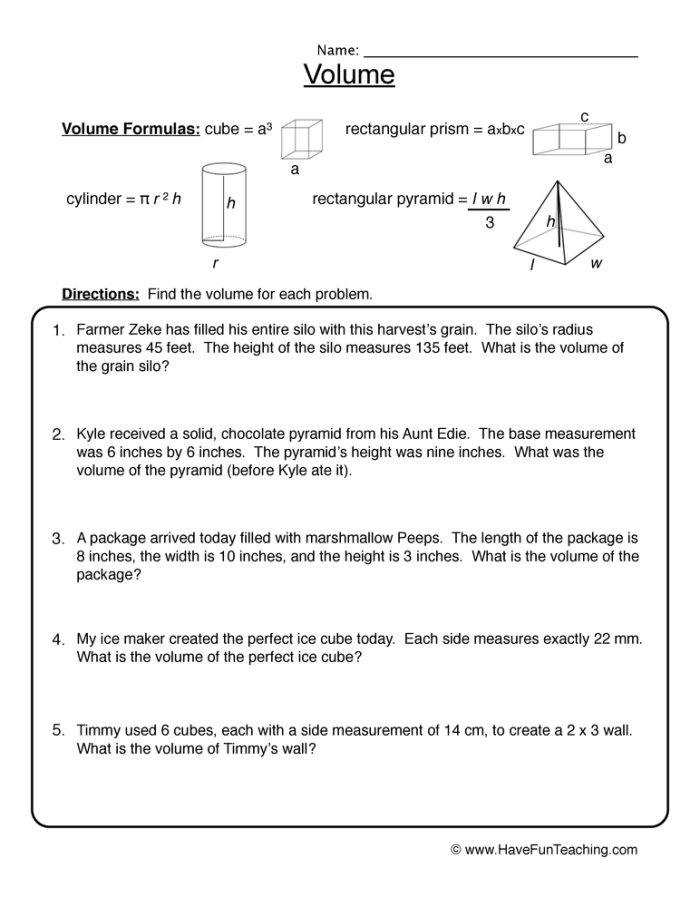 Fifth grade math worksheet featuring five volume word problems for students
