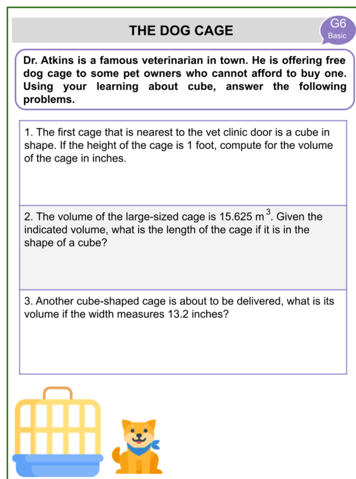 Fifth grade math worksheet showing five volume word problems with rectangular prisms and measurement challenges