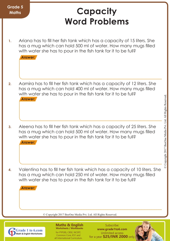 Fifth grade math worksheet featuring five volume based word problems for students