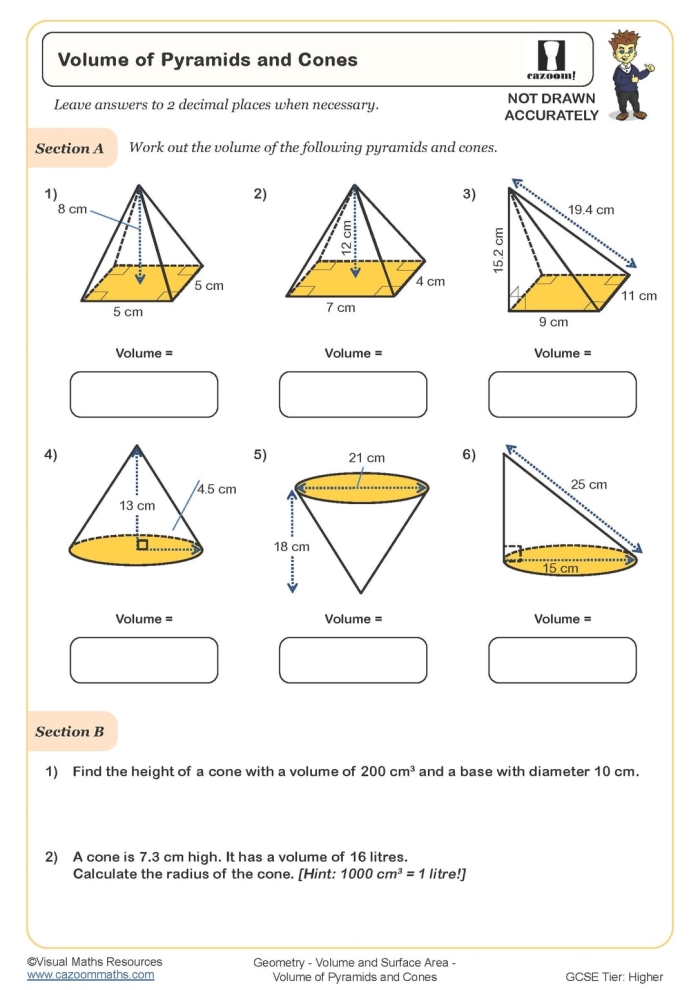 Base, Volume, and Word Problems, Oh My! worksheet for fifth graders Worksheet featuring five word problems on calculating volume using geometry