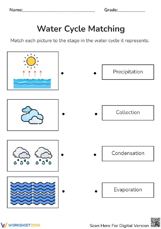Fifth grade student completing a water cycle matching worksheet for science test preparation