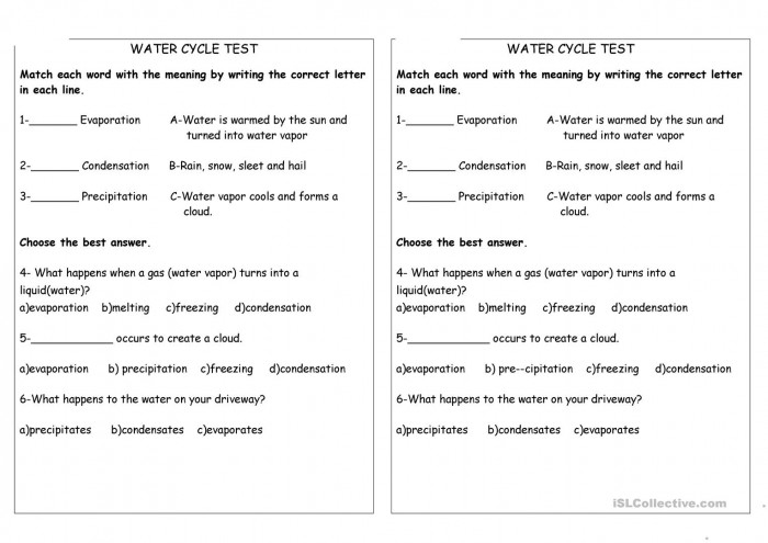 Water cycle matching worksheet for fifth grade science review