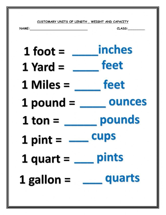 Fifth grade student worksheet for converting customary units of weight between ounces pounds and tons
