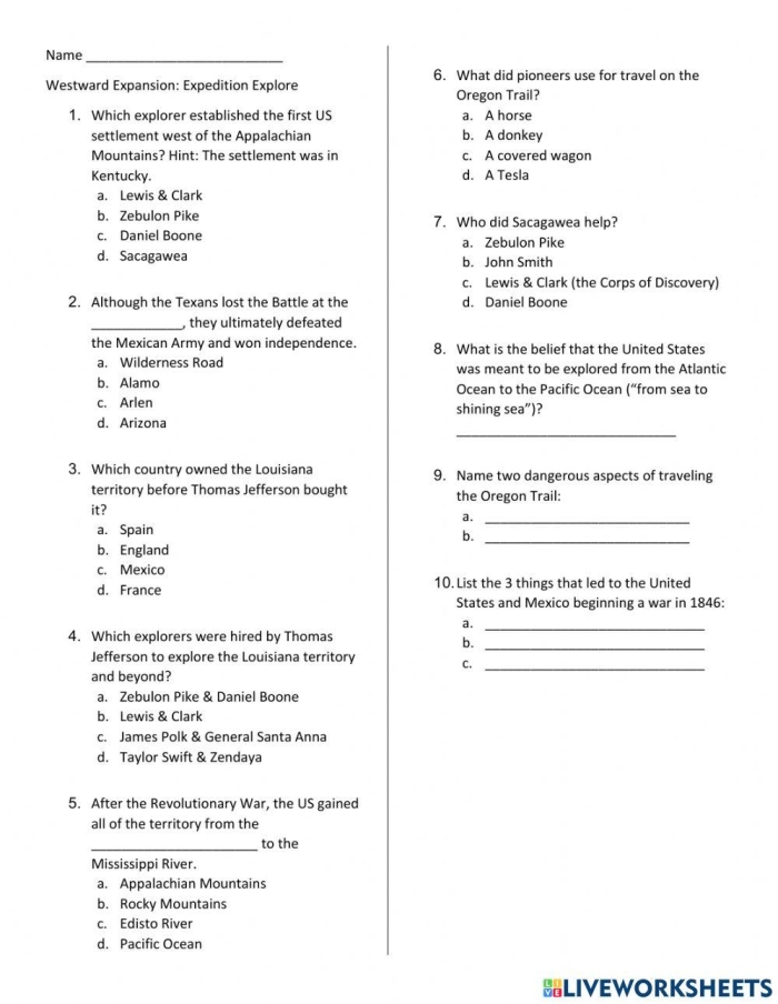 Famous Figures of American Westward Expansion Matching Quiz Fifth grade U.S. history worksheet showing a matching activity about westward expansion pioneers and their achievements