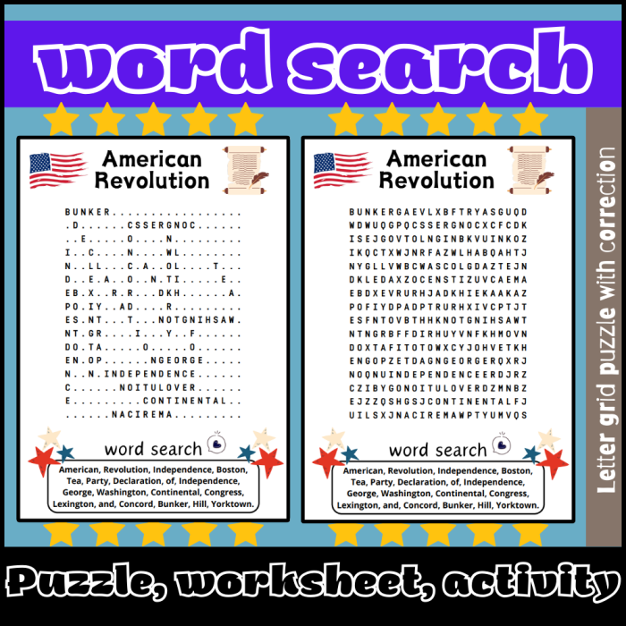 Fifth grade American Revolution word search worksheet featuring historic battlefields and cities