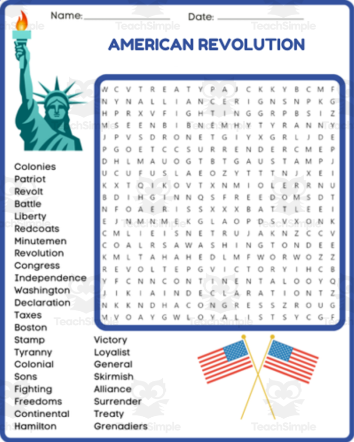 Fifth grade history students solving an American Revolution word search featuring major battlefields and colonial cities