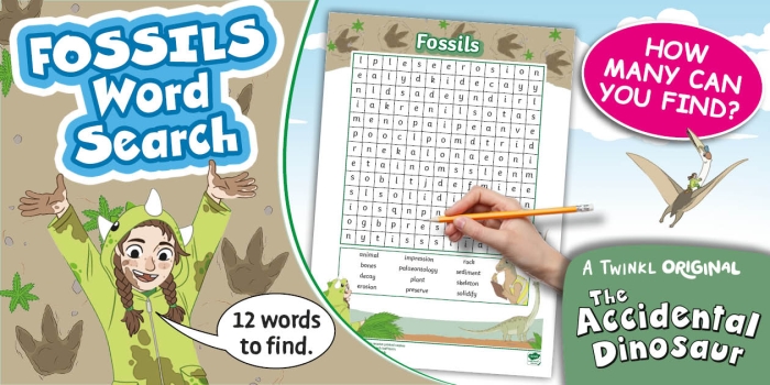 Fossils and extinct animals word search worksheet for fifth graders