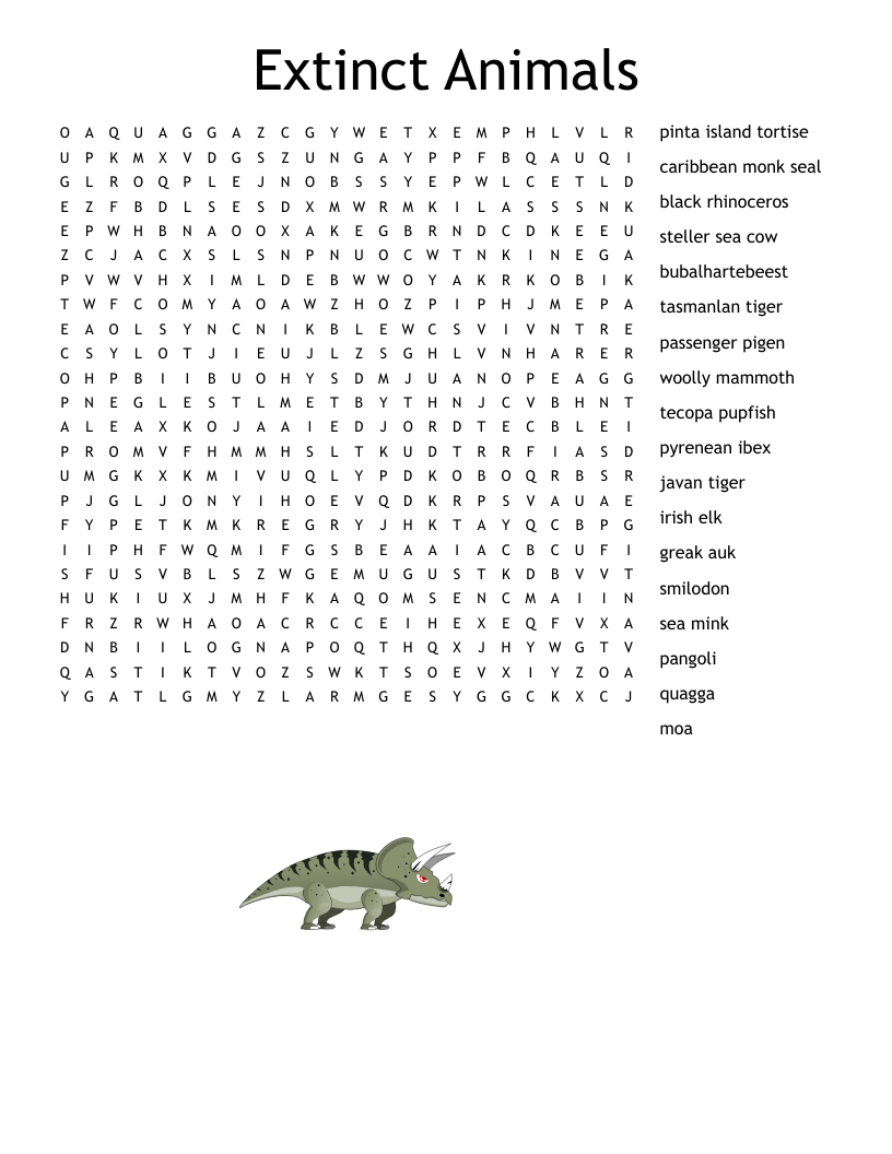 Fossils and extinct animals word search puzzle for fifth graders