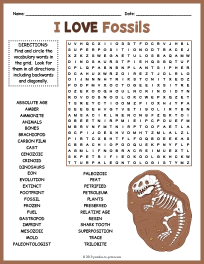 Fossils and extinct animals word search worksheet for fifth graders