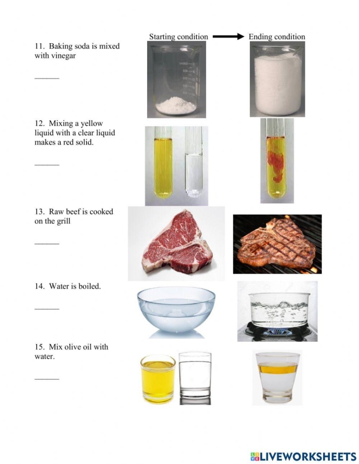 Educational resource for understanding molecular changes in science Worksheet illustrating physical and chemical changes for fifth graders