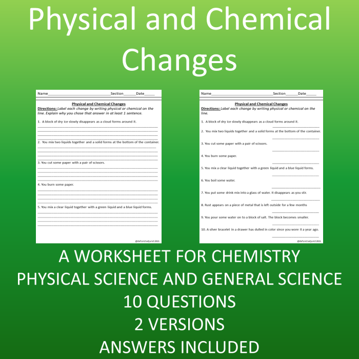 Educational resource for understanding molecular transformations in science Worksheet illustrating physical and chemical changes for fifth graders