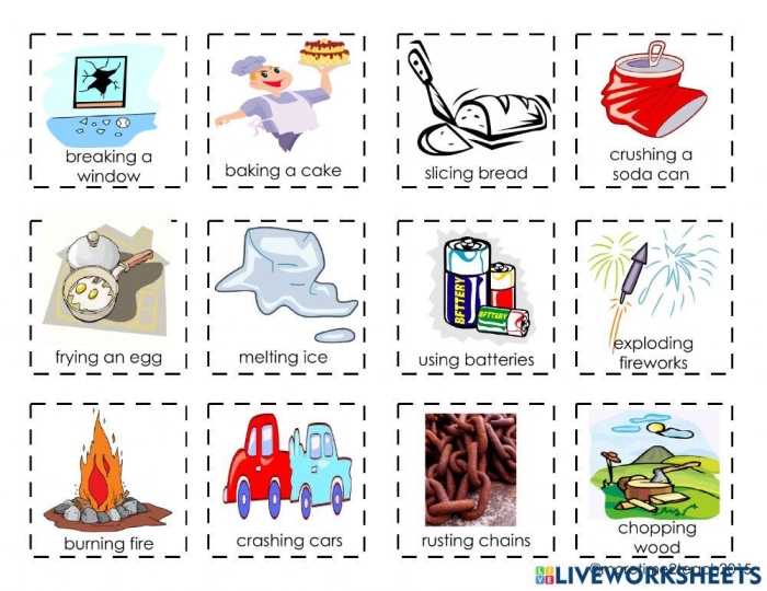 Educational resource for understanding molecular transformations in science Worksheet illustrating physical and chemical changes for fifth graders