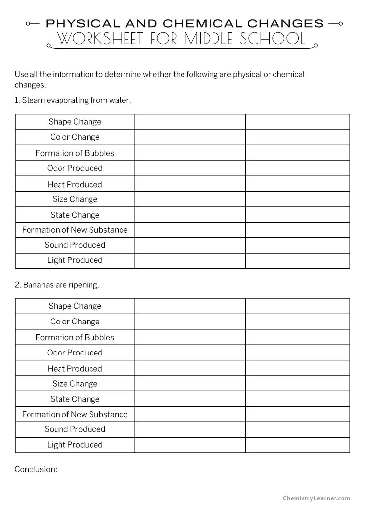 Educational resource for understanding molecular transformations in science Worksheet illustrating physical and chemical changes for fifth graders