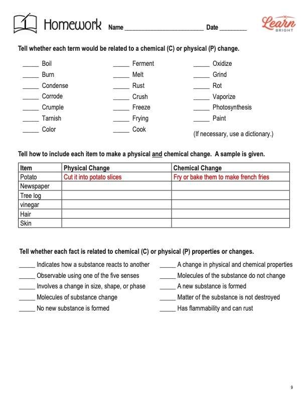 Worksheet on understanding molecular transformations in science Visual representation of physical and chemical changes for fifth graders