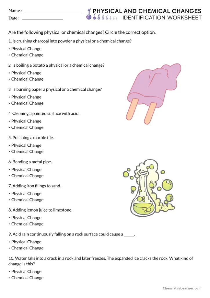 Educational resource for understanding physical and chemical changes in science Illustration of a fifth-grade worksheet explaining physical and chemical changes at the molecular level
