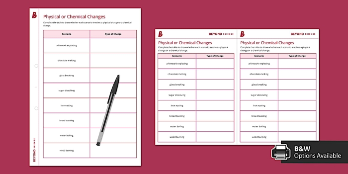 Educational resource for understanding molecular differences in changes Worksheet illustrating physical and chemical changes for fifth graders
