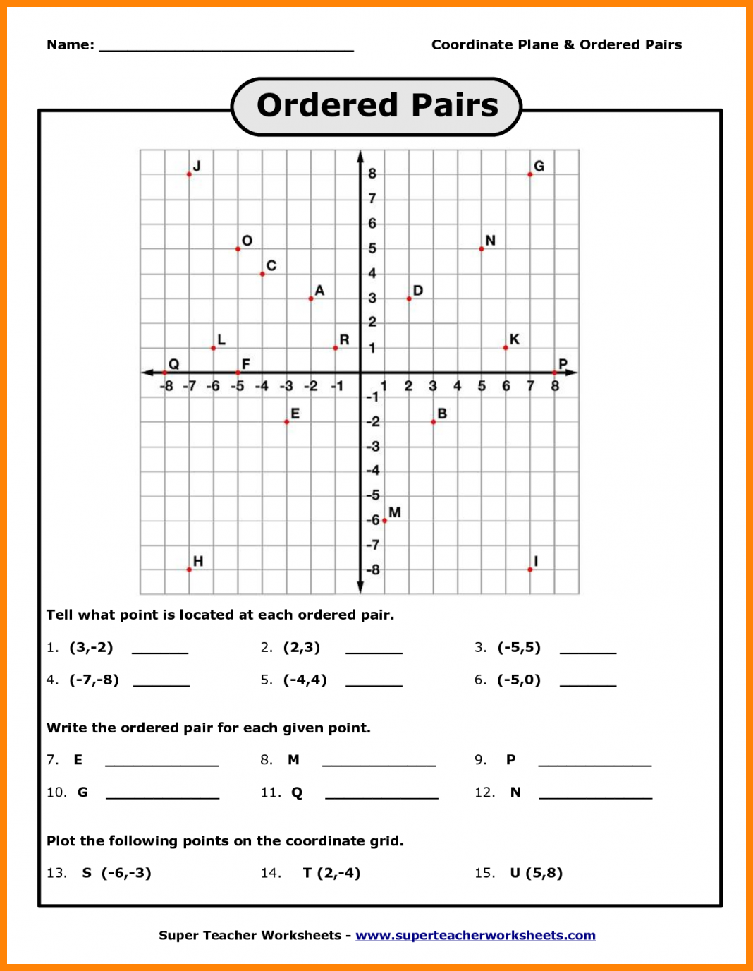 Fifth grade student practicing plotting points on an XY coordinate plane worksheet