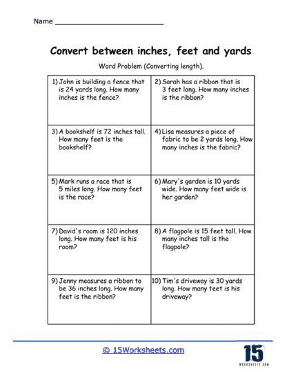 Fifth grade math worksheet focused on converting measurement units of yards feet and inches