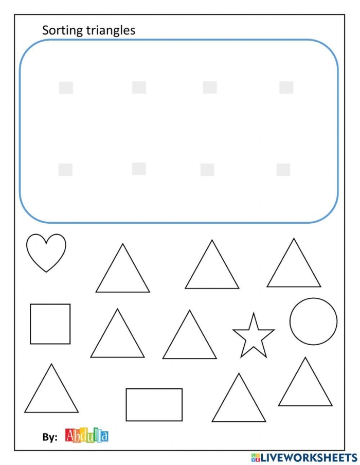 Fifth grade math worksheet focused on categorizing triangles by acute right or obtuse angles