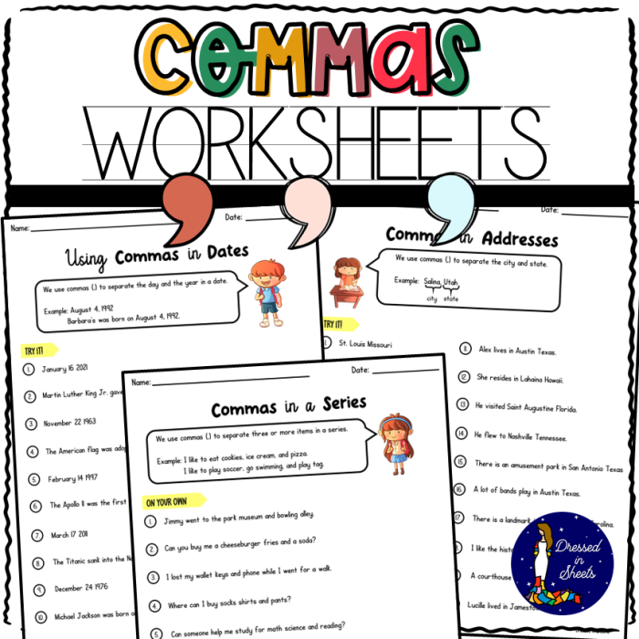 Fifth grade students practicing how to add missing commas to sentences in a grammar worksheet