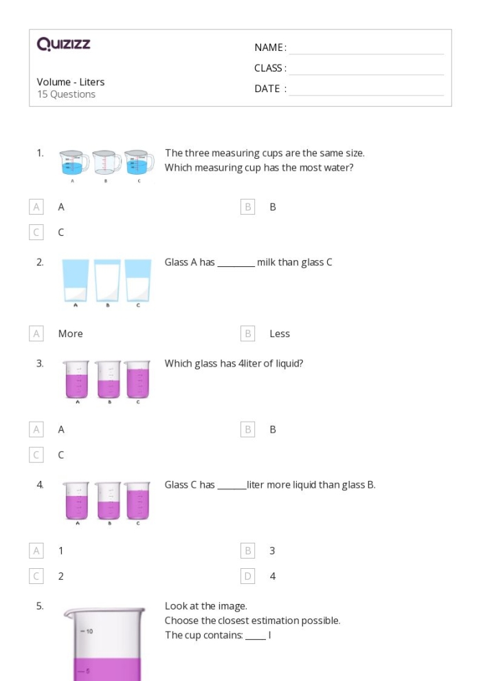 Fifth grade science worksheet asking students to compare container volume with content volume