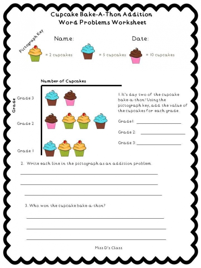 Fifth grade student solving two-step math word problems about cupcakes on a printable worksheet