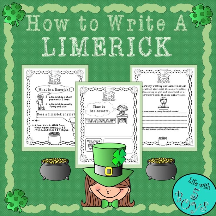 Fifth grade students writing St. Patrick's Day limericks using worksheet rules and poetry guidelines