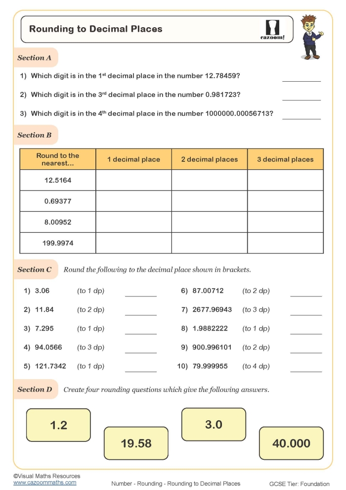 Rounding Decimals and Comparing Values Fifth Grade Math Worksheet Number 20 Fifth grade student completing a math worksheet focused on rounding decimals and comparing numerical values