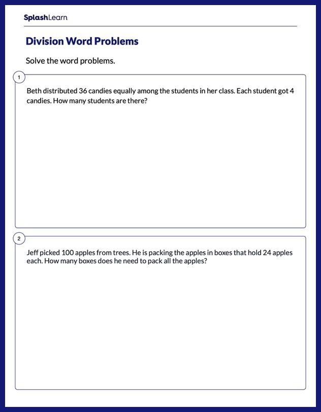 Fifth grade students solving division word problems with step-by-step solutions shown