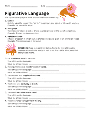 Figurative Language Practice worksheet for third graders focusing on similes, metaphors, and personification