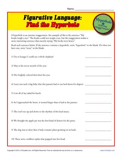 Worksheet featuring figurative language practice for third graders