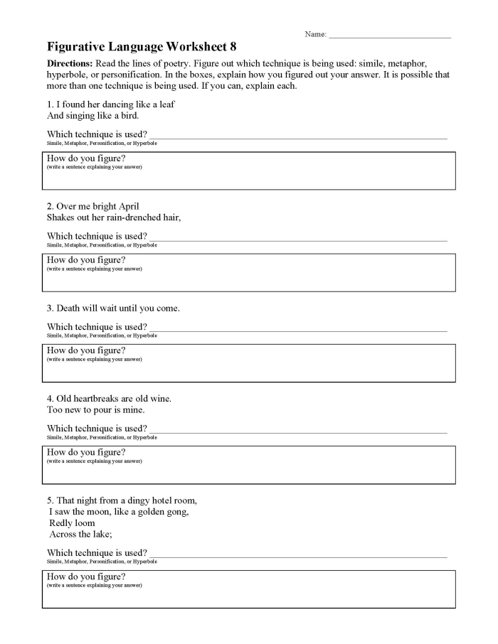 Figurative Language Handout worksheet designed for fifth graders to enhance their understanding of literary devices