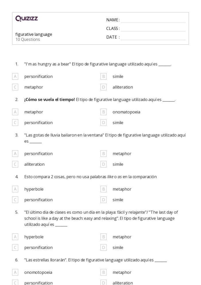 Making Sense of Figurative Language 1 - Exercise 25 for Understanding Metaphors and Similes Third grade worksheet showing figurative language examples with context clues for students to practice inferring meanings