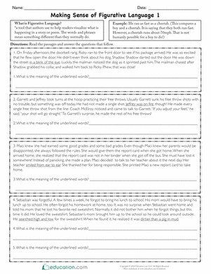 Making Sense of Figurative Language 1 Worksheet Number 20 Third grade students practicing figurative language skills with context clues on worksheet number twenty