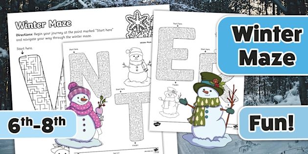 Fourth grade worksheet showing a winter-themed maze focused on identifying similes in figurative language