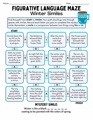 Colorful summer-themed maze worksheet focusing on identifying metaphors for sixth graders