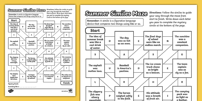 Fourth grade student working on a summer-themed similes maze worksheet