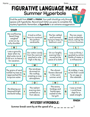 Colorful summer-themed maze worksheet for practicing figurative language and metaphors