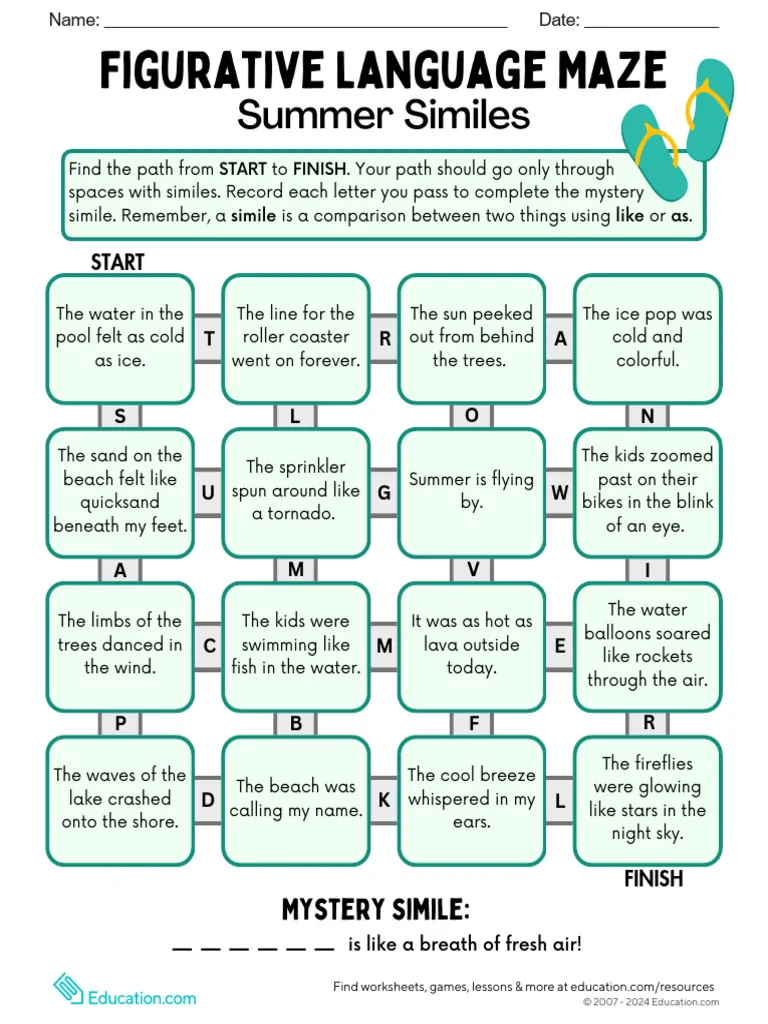 A colorful maze worksheet designed to help fourth graders practice summer-themed similes