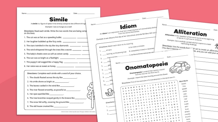 Third grade worksheet featuring colorful examples of similes metaphors and personification for students to practice