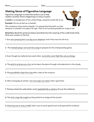Making Sense of Figurative Language 1 Activity for Elementary Learners Third grade students learning to interpret figurative language using context clues from a worksheet exercise
