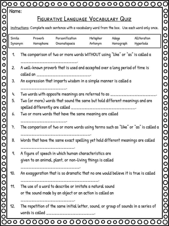 Colorful worksheet helping fifth graders identify eight distinct types of figurative language