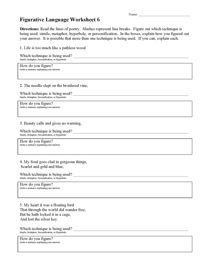 Colorful worksheet illustrating eight types of figurative language for fifth graders