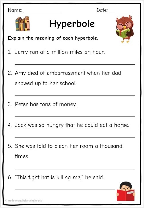 Third grade students engaged in a figurative language practice worksheet focused on similes, metaphors, and personification. Worksheet image showcasing activities for understanding figurative language concepts.