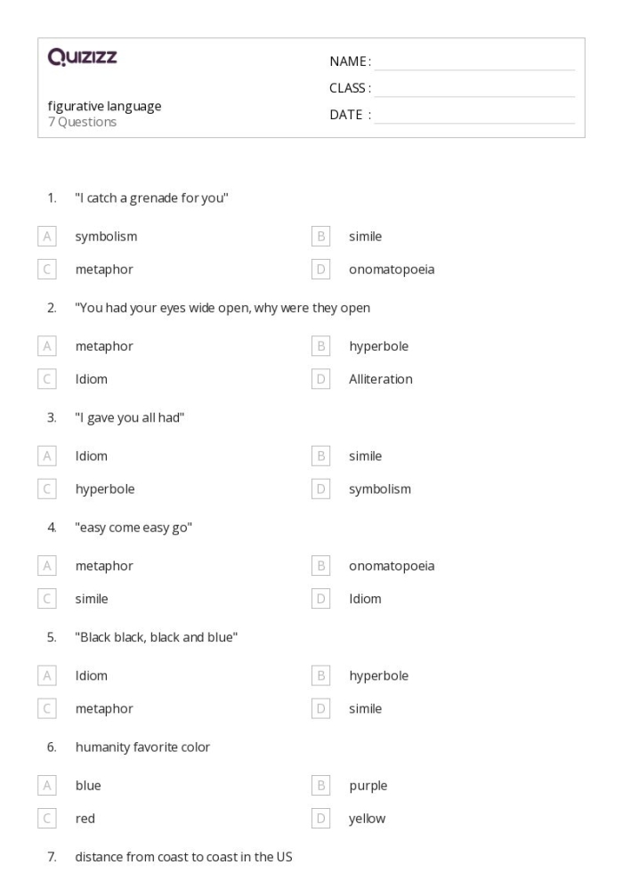 Making Sense of Figurative Language 1 Exercise 3 for Elementary Reading Comprehension Third grade students learning to interpret figurative language expressions using surrounding context clues from a worksheet activity