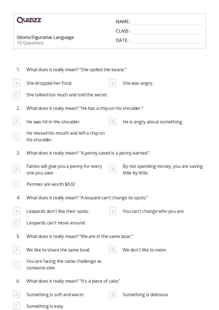 Making Sense of Figurative Language 1 Activity 19 for Elementary Language Arts Third grade students learning to identify figurative language meanings using context clues from worksheet examples
