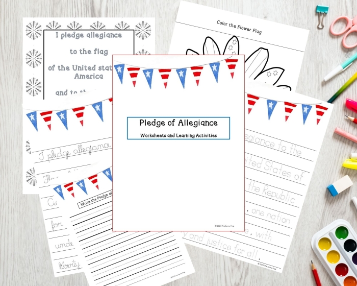 Engaging activity to help children memorize the Pledge of Allegiance Fill-in-the-blank worksheet for first graders to learn the Pledge of Allegiance