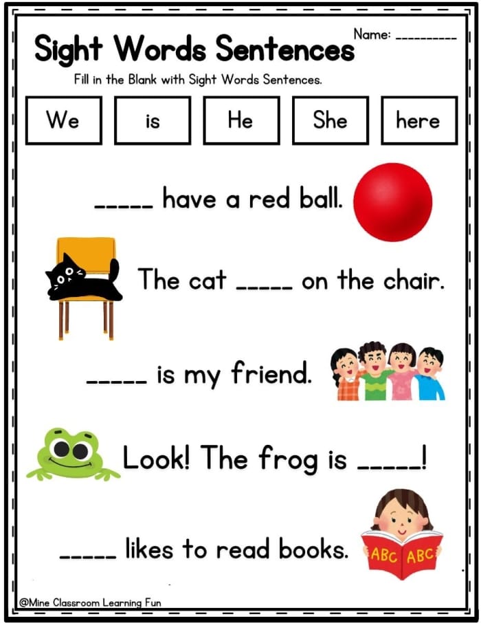 First grade student completing a fill in the sight word worksheet page 17