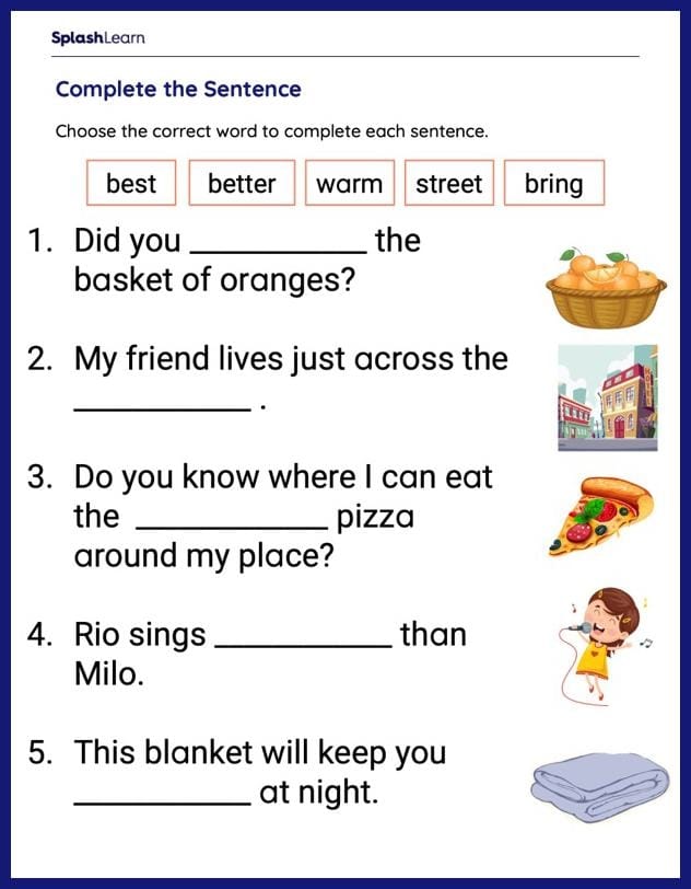 Fill-in-the-blank worksheet designed to enhance first graders' sight word skills